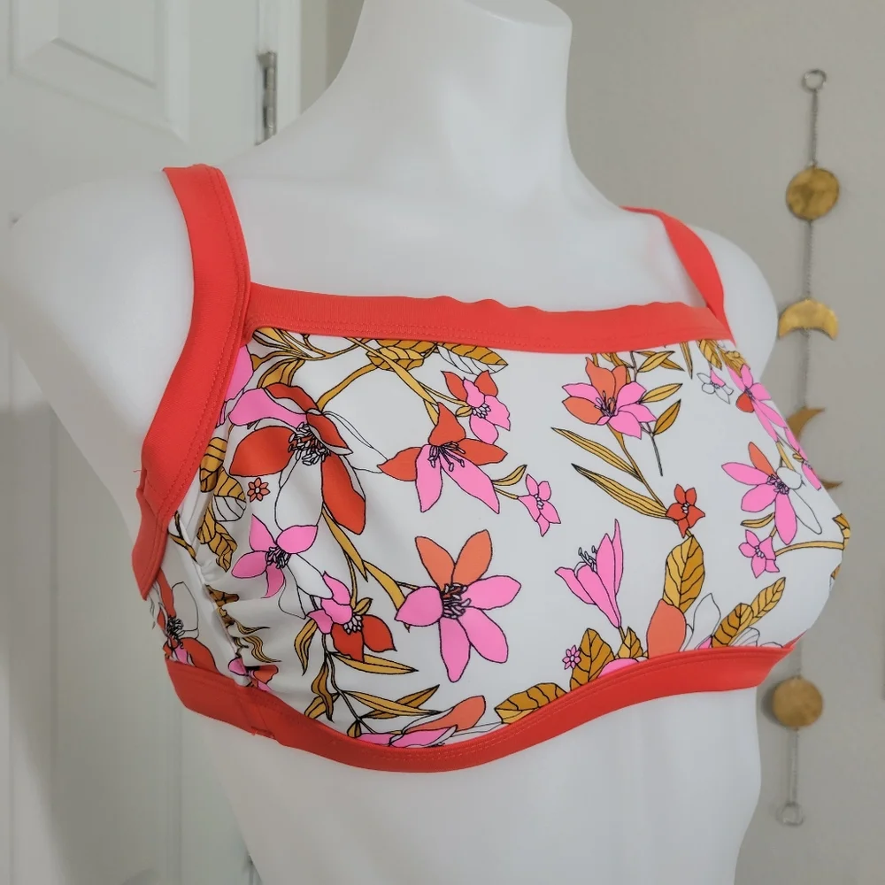 Xhilaration Boho Bikini Top Orange Vintage Flowers Cross Straps D/DD EUC - Picture 2 of 15